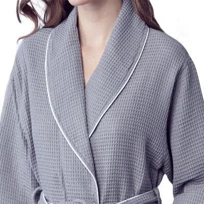 Light grey women's waffle piping bathrobe from Lotus Linen featuring a lightweight spa-style design, front view with piping details.