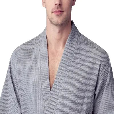 Front view of Lotus Linen men's waffle spa bathrobe in small grey, lightweight and absorbent for comfortable wear.