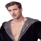 Men's black and gray hooded plush robe by Lotus Linen, shown front view with soft fabric and cozy hood for everyday comfort.