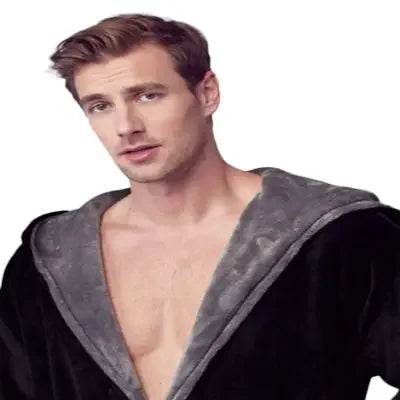 Men's black and gray hooded plush robe by Lotus Linen, shown front view with soft fabric and cozy hood for everyday comfort.