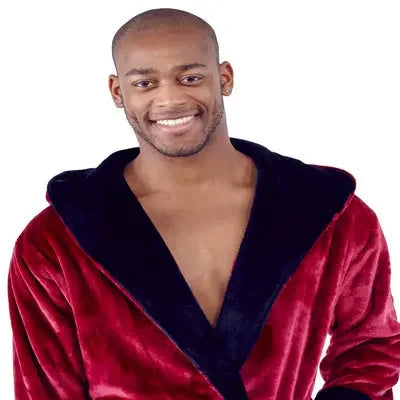Men’s hooded plush robe by Lotus Linen in burgundy and black, featuring a front design with a small hood and ultra-soft fabric.