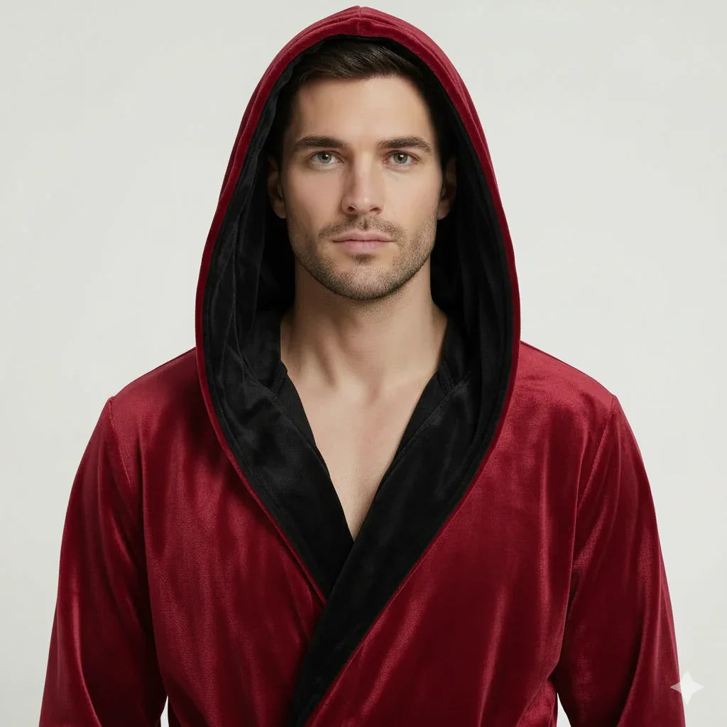 Front view of Lotus Linen men's hooded robe in burgundy and black, made from ultra-soft plush fabric for daily comfort.
