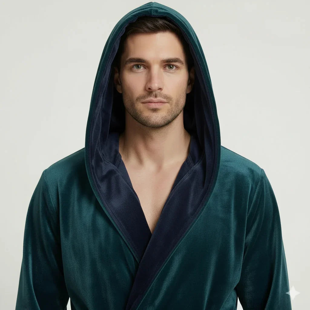 Front view of Lotus Linen men's hooded robe in green and black plush fabric, showcasing the cozy hood and soft material.