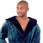 Green and black men's hooded robe by Lotus Linen, featuring plush soft fabric and a front design for cozy comfort.
