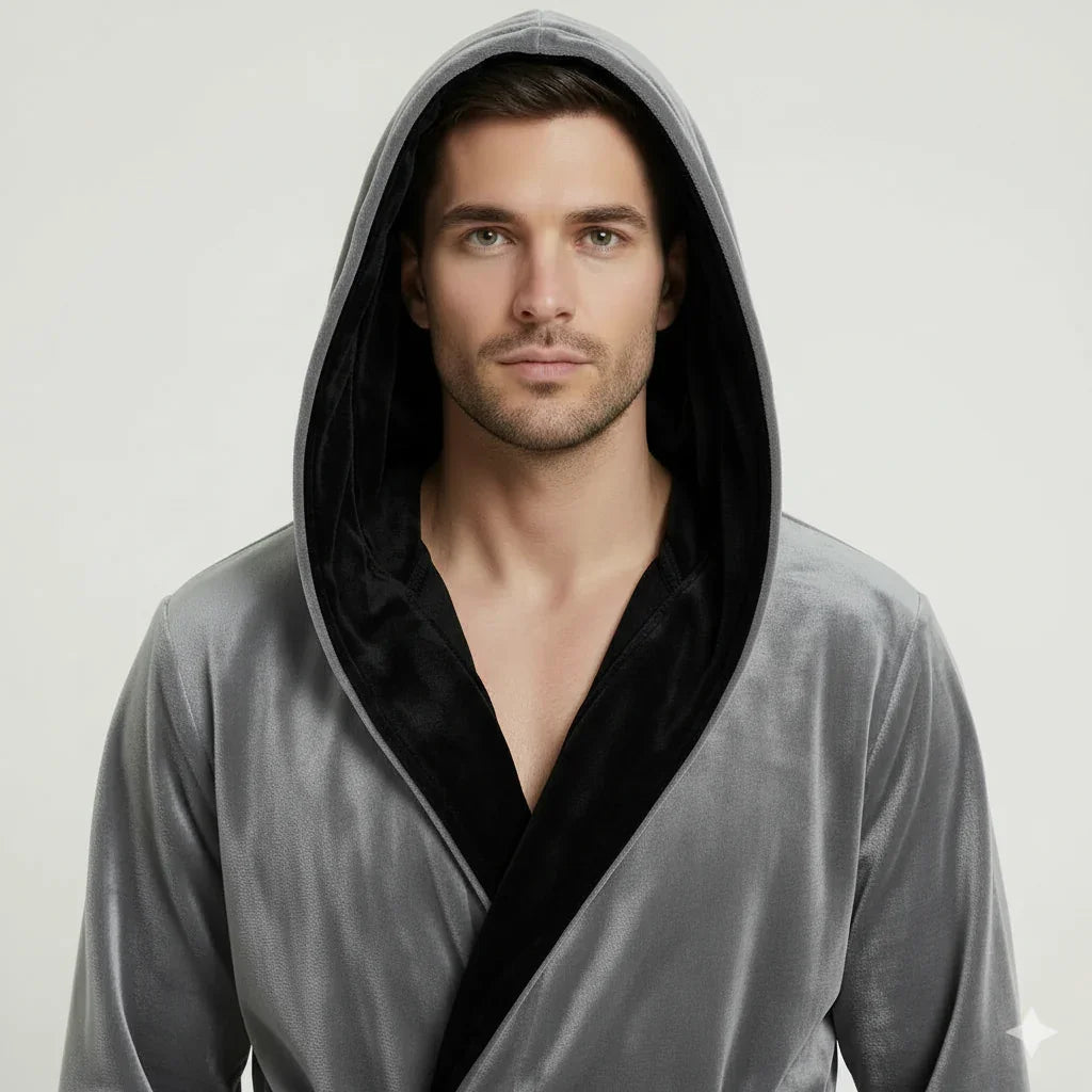 Front view of Lotus Linen men's hooded robe in grey-black plush fabric, showcasing the soft, cozy design and hood detail.