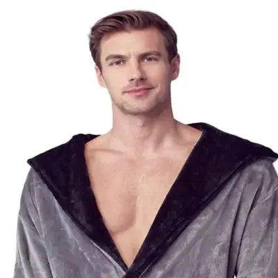 Front view of Lotus Linen men's hooded robe in grey and black plush fabric, featuring a small hood and soft, comfortable material.