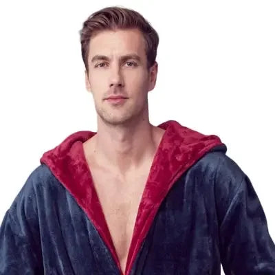 Front view of Lotus Linen men's hooded robe in navy and burgundy, made from ultra-soft plush fabric for cozy everyday wear.