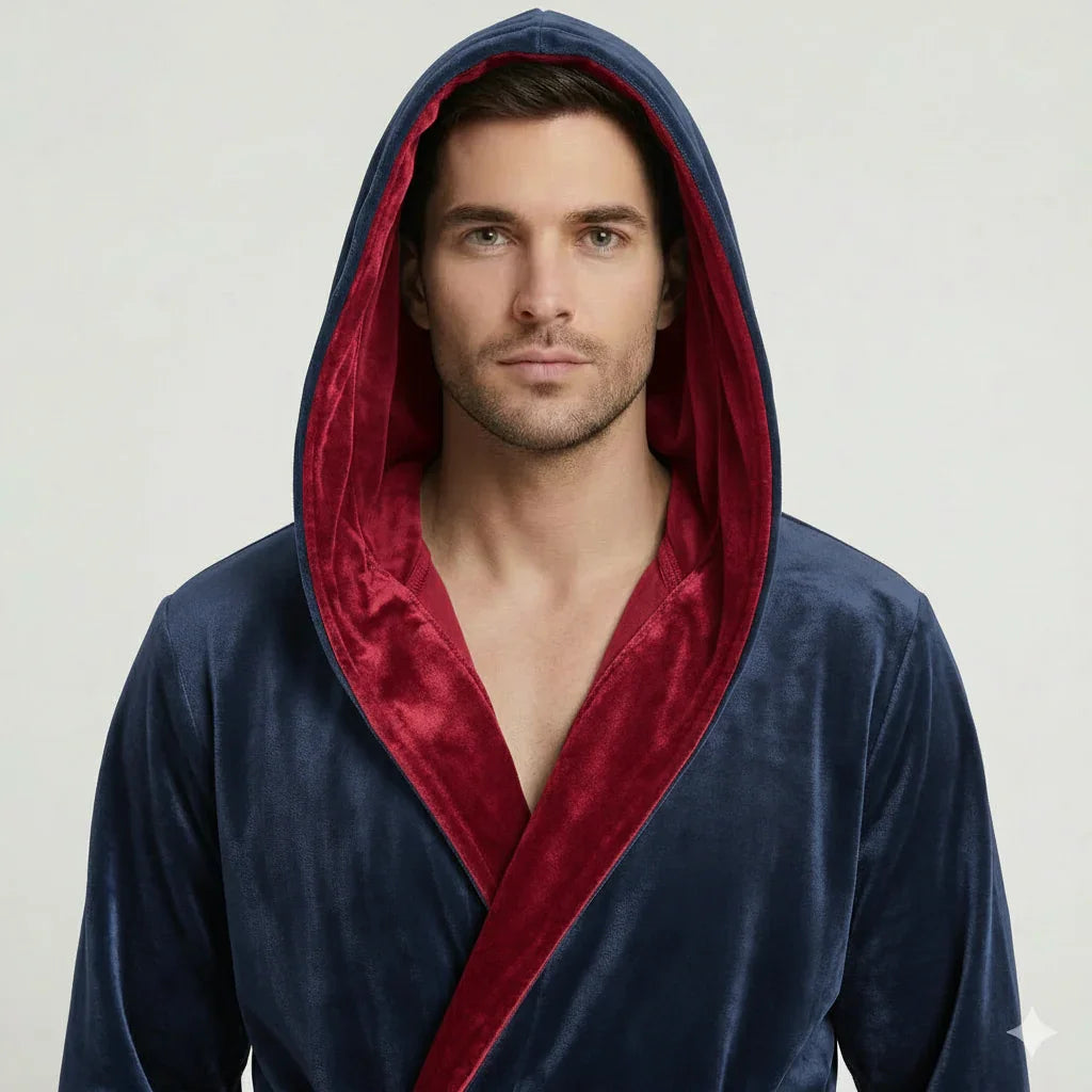 Men’s navy and burgundy hooded robe by Lotus Linen, featuring ultra-soft plush fabric and front design for cozy everyday wear.