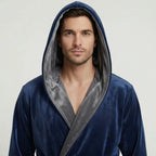 Men’s hooded plush robe by Lotus Linen in dark grey, featuring a front view of the ultra-soft, cozy fabric and hood design.