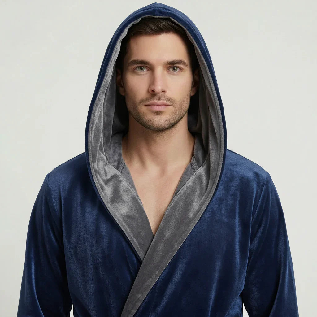 Men’s hooded plush robe by Lotus Linen in dark grey, featuring a front view of the ultra-soft, cozy fabric and hood design.