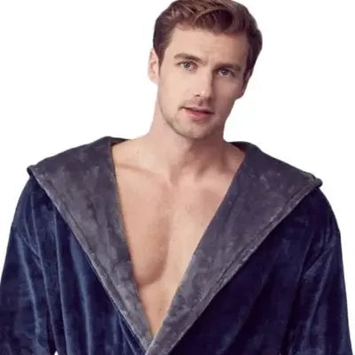 Men’s hooded plush robe by Lotus Linen, front view showing ultra-soft grey fabric and cozy hood for everyday comfort.