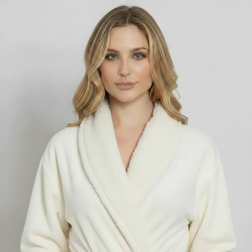 Front view of Lotus Linen women's ultra-soft plush bathrobe with a natural small floral pattern.