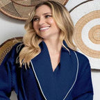 Navy women's waffle piping bathrobe by Lotus Linen, lightweight spa-style robe with front design and piping details.