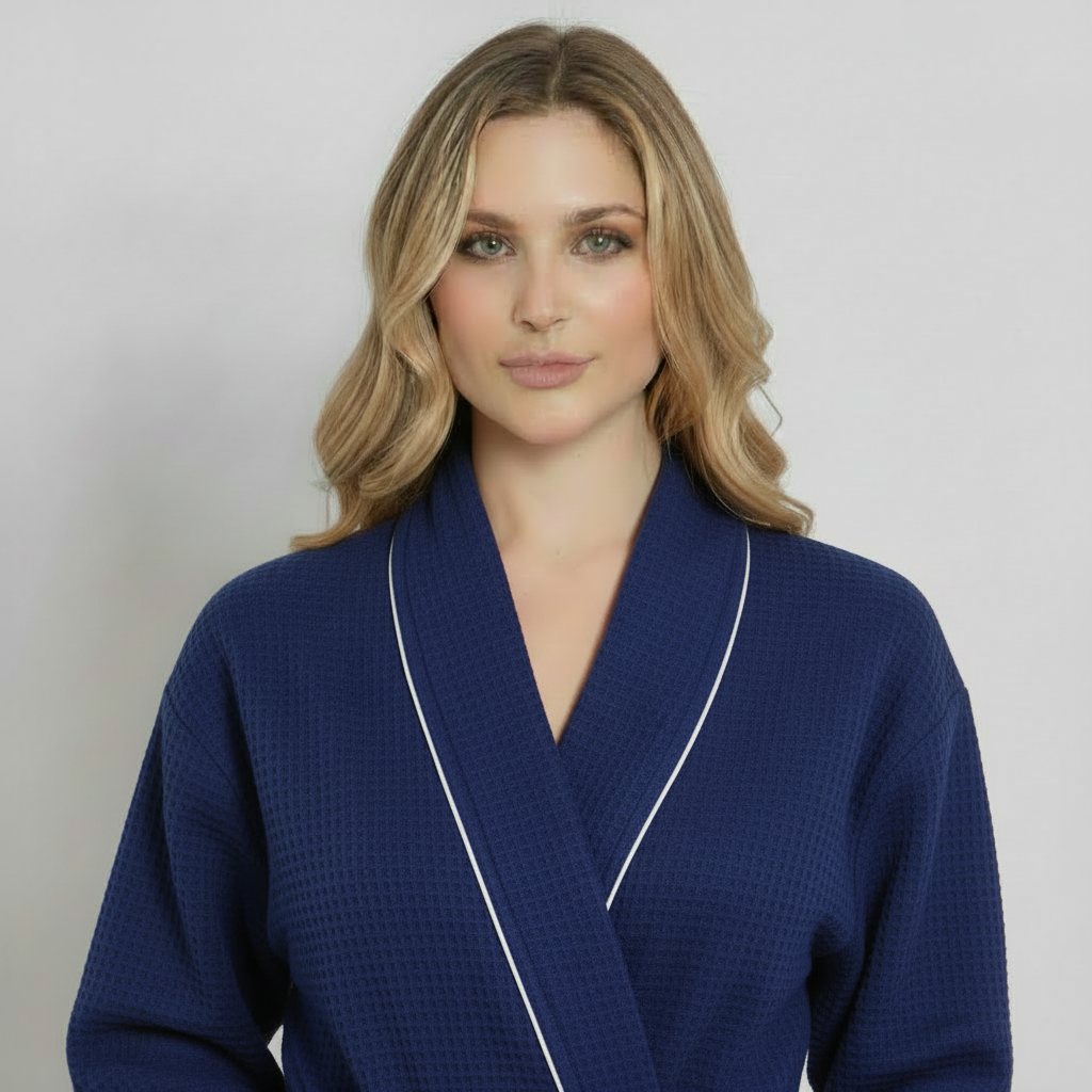 Navy knee-length waffle robe for women with piping, front view, lightweight and cozy Lotus Linen robe.