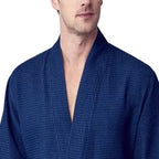 Navy blue Lotus Linen men's waffle spa bathrobe, lightweight and absorbent, shown from the front.