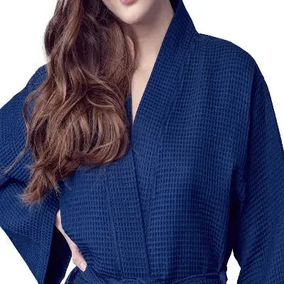 Women's navy waffle robe by Lotus Linen, lightweight, quick-dry spa comfort robe shown from the front.