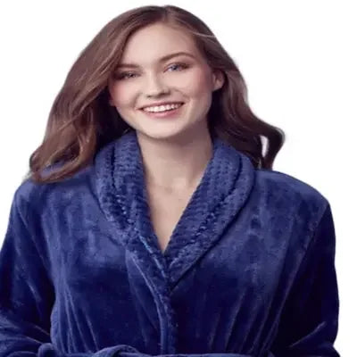 Women's navy plush bathrobe by Lotus Linen, soft and cozy with front view and tie waist for comfortable lounging.