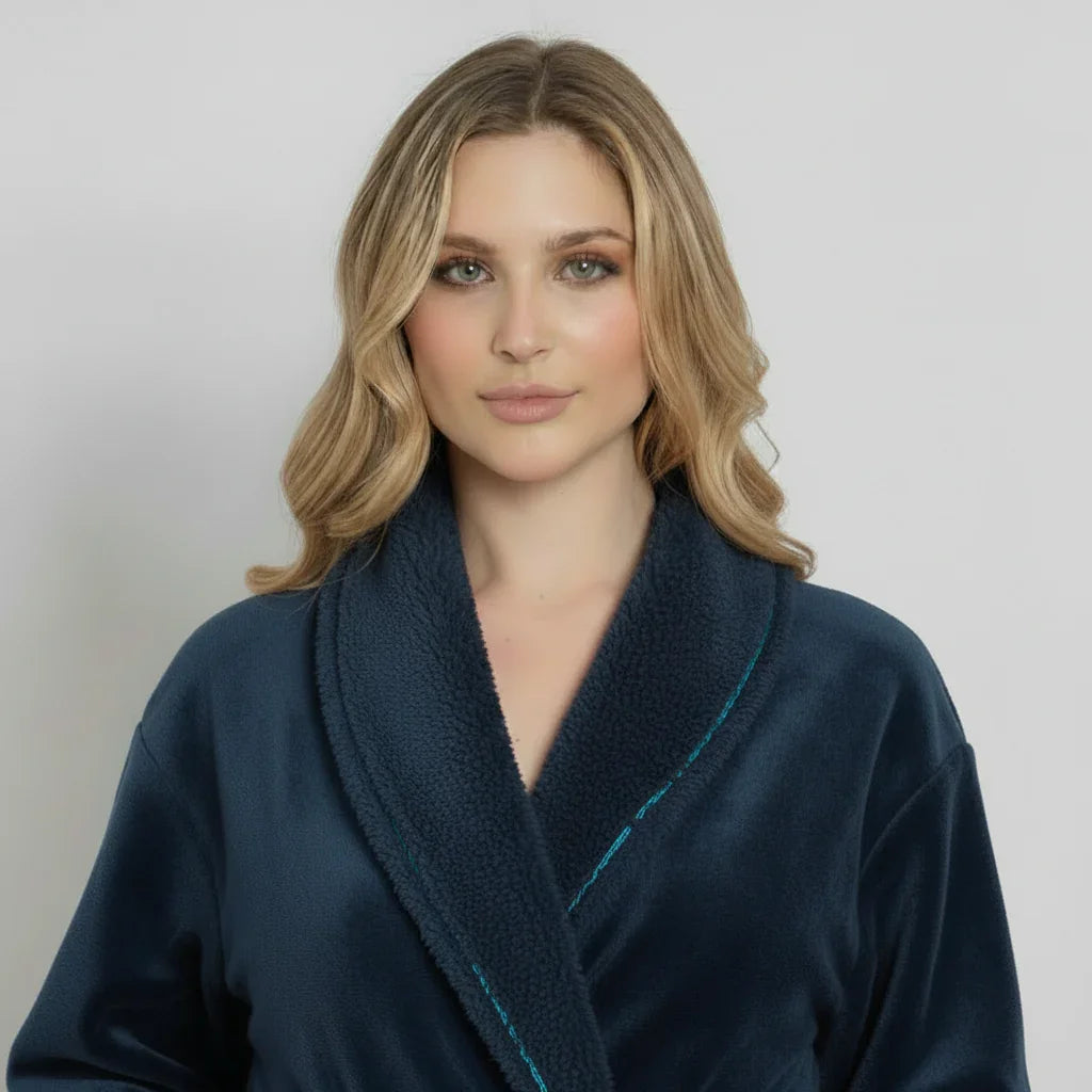 Front view of Lotus Linen women's navy ultra soft plush bathrobe with a cozy collar and tied waist.