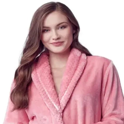 Front view of Lotus Linen women's ultra soft plush pink bathrobe with a cozy, plush texture and tied waist.