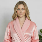 Front view of Lotus Linen women's ultra soft plush pink bathrobe with a cozy, relaxed fit and tie waist.