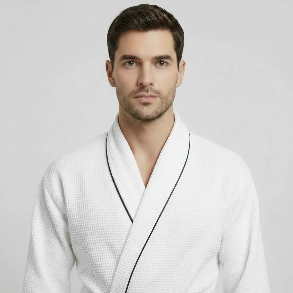 Front view of Lotus Linen men's premium waffle piping robe in small size, white with contrasting piping details.