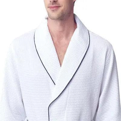 Front view of Lotus Linen men's premium waffle piping robe in small white with piping detail.