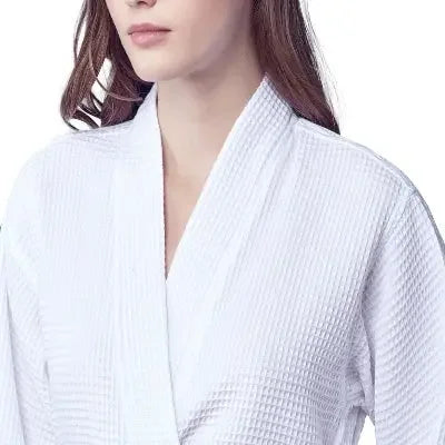 Small white women's waffle robe by Lotus Linen, lightweight quick-dry spa robe with front view and comfortable fit.