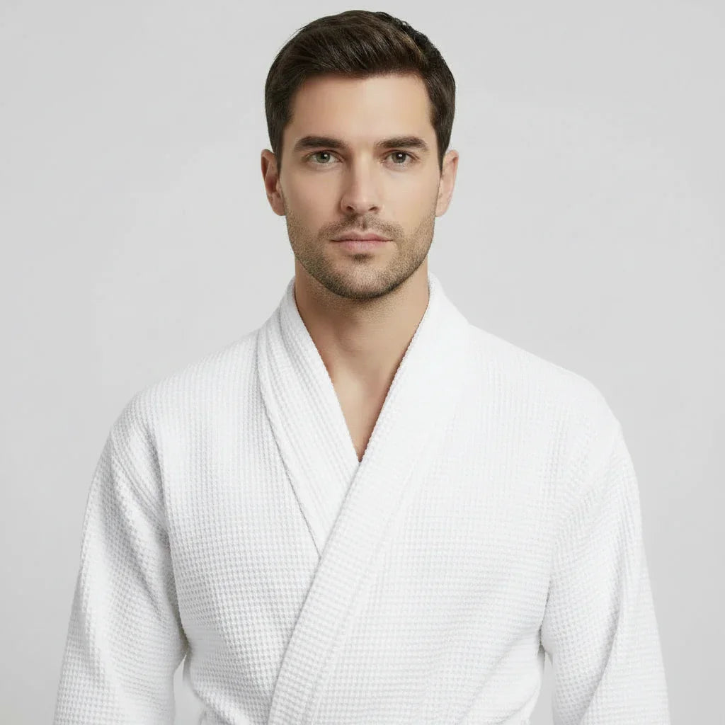 Lotus Linen men's waffle spa bathrobe in white, lightweight and absorbent, shown from the front in a small image.