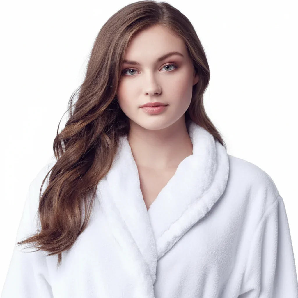 Women's ultra-soft plush bathrobe by Lotus Linen, front view showing cozy white robe with a tie waist and plush fabric.