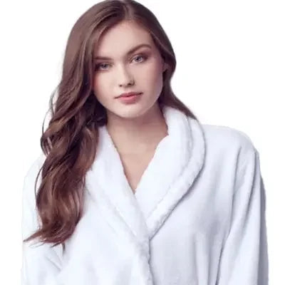 Front view of Lotus Linen women's ultra soft plush bathrobe in small size, white color, showcasing cozy, plush fabric and relaxed fit.
