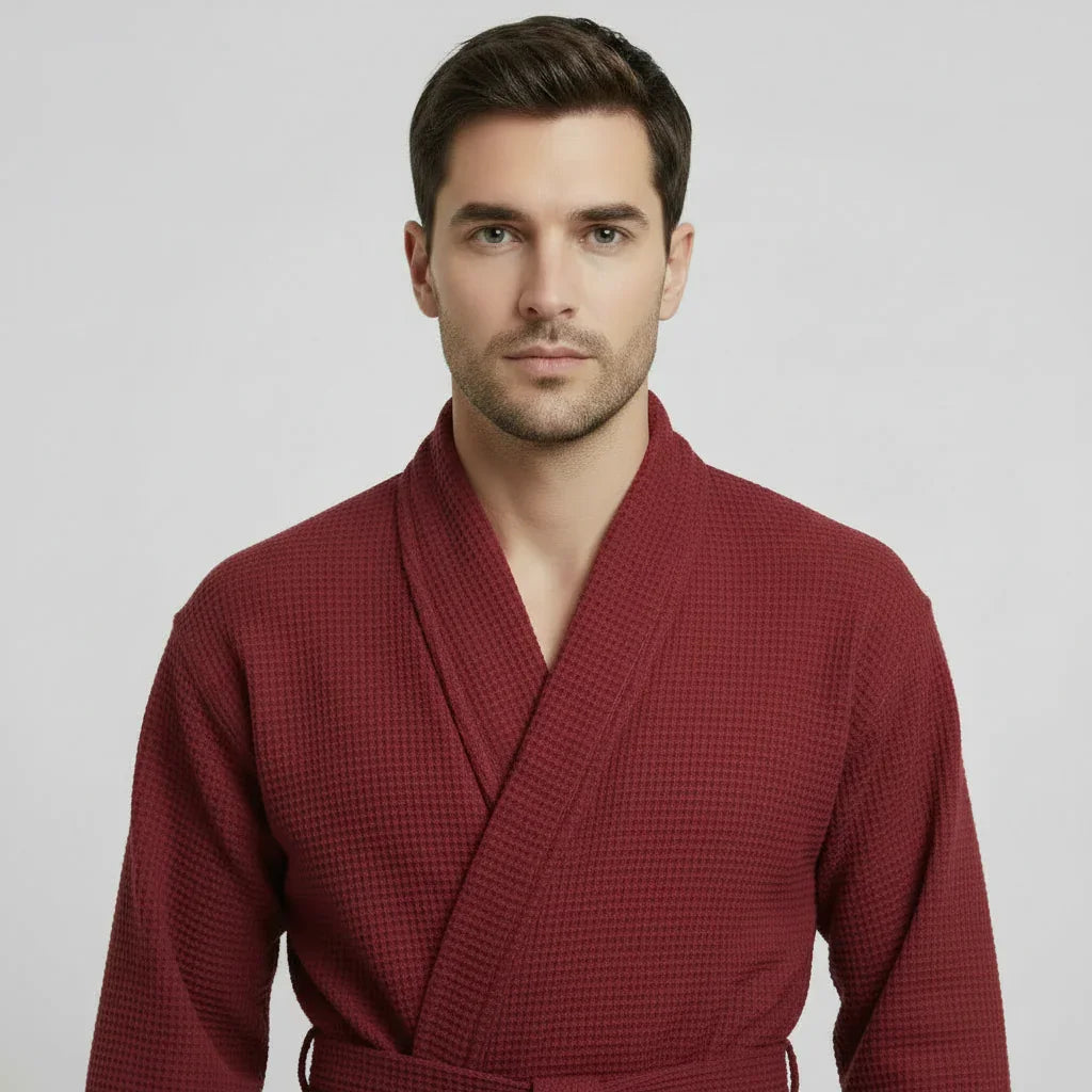 Wine-red Lotus Linen men's waffle spa bathrobe with front view, lightweight and absorbent, ideal for relaxing post-shower or spa days.