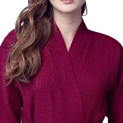 Women's lightweight waffle robe by Lotus Linen in wine red, featuring quick-dry spa comfort and a front view.