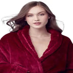 Lotus Linen women's plush bathrobe in wine red, front view showing soft, cozy fabric and relaxed fit.