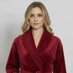 Women's wine-red plush bathrobe from Lotus Linen, soft and cozy with a front view showing the plush fabric and robe design.