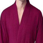 Front view of Lotus Linen men's wine-red waffle spa bathrobe, lightweight and absorbent, with a shawl collar and belt.