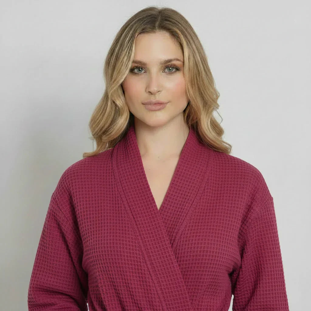 Womens lightweight wine-red waffle robe from Lotus Linen with front view, quick-dry spa comfort and cozy fit.