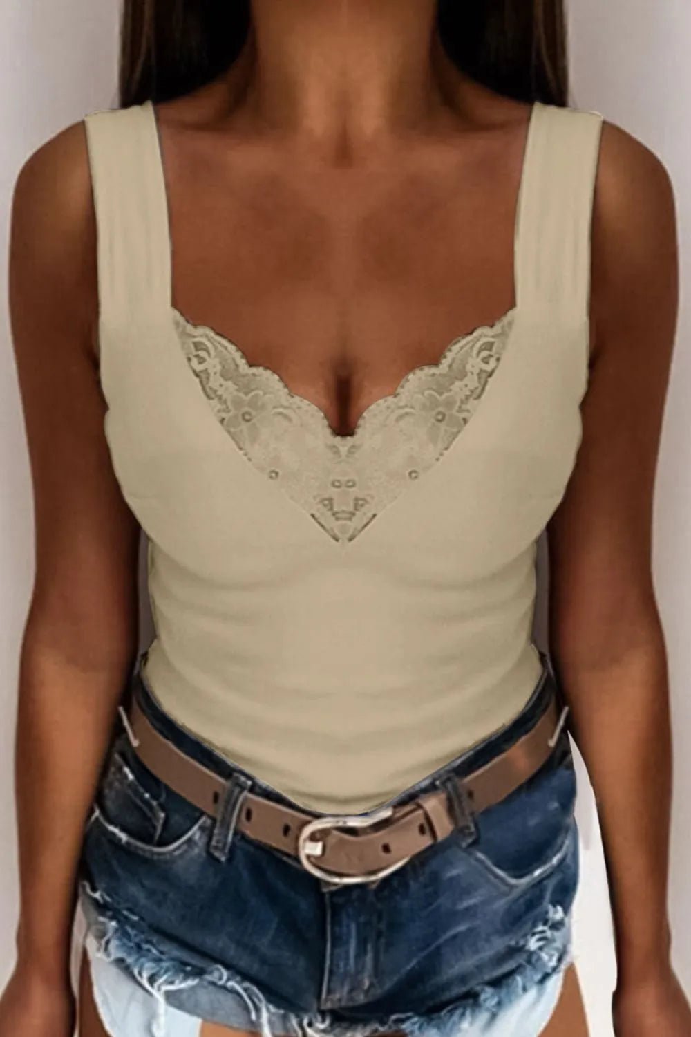 Plus size women's lace trim V-neck tank top by Trendsi, soft stretch sleeveless camisole with delicate lace detail.