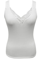 Plus size women's lace trim V-neck tank top featuring soft stretch fabric and sleeveless design with delicate lace details.