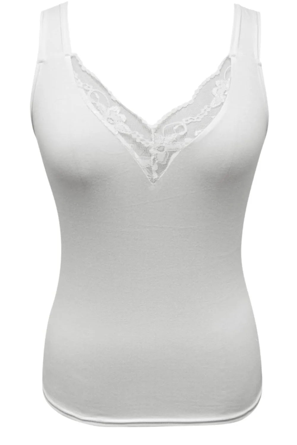 Plus size women's lace trim V-neck tank top featuring soft stretch fabric and sleeveless design with delicate lace details.