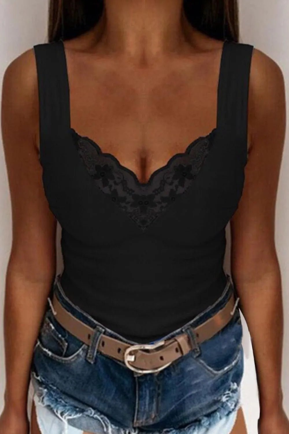 Plus size women's lace trim V-neck tank top from Trendsi, sleeveless camisole with soft stretch fabric and lace detailing.