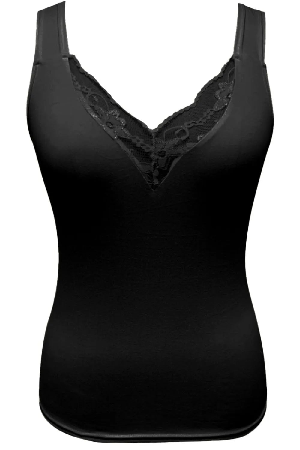 Plus size women's lace trim V-neck tank top featuring soft stretch fabric and sleeveless camisole design.