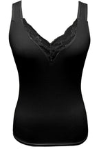 Plus size women's lace trim V-neck tank top featuring soft stretch fabric and sleeveless camisole design.
