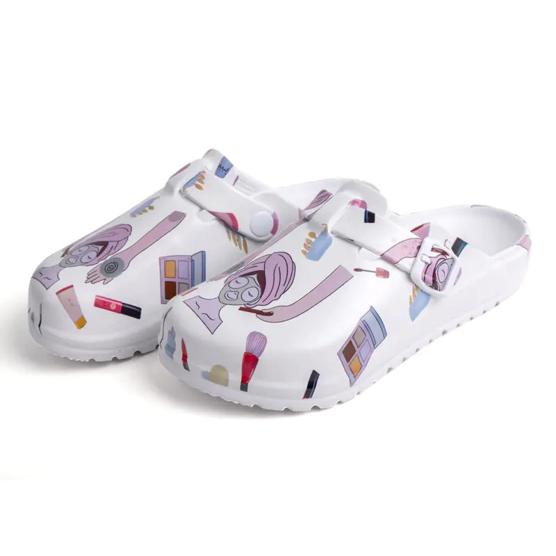 Cartoon nurse-themed women's sandals with colorful design, comfortable slip-on footwear from Trendy Attic Store01.