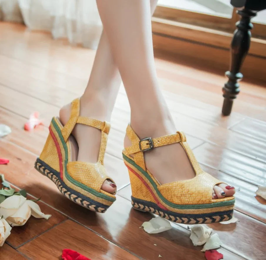 Women's thick-soled high heel wedge sandals in neutral tones, stylish design with ankle straps, Trendy Attic Store01.