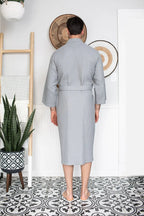 Lotus Linen Waffle Spa Bathrobe for Men, lightweight and absorbent, shown as a comfortable men's robe ideal for post-bath relaxation