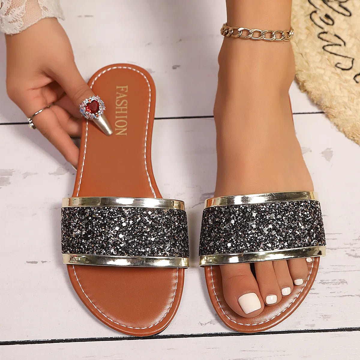 Women’s glitter open toe flat sandals by Plush Fashion Hub, featuring sparkling embellishments and comfortable summer footwear design.