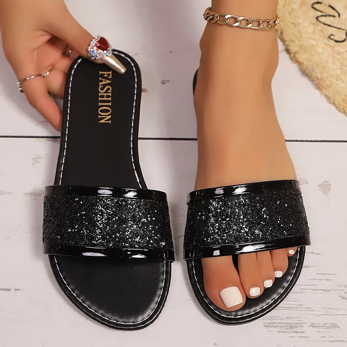 Sparkling glitter open toe flat sandals for women by Plush Fashion Hub, stylish and comfortable summer footwear.