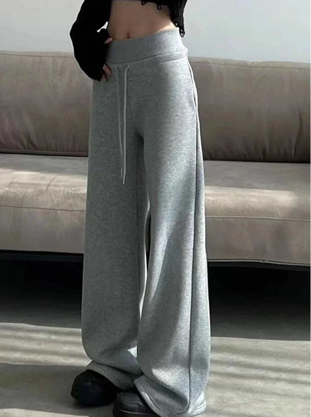 Gray high-waist loose wide-leg straight pants for women, casualwear by Plush Fashion Hub, shown on a model.