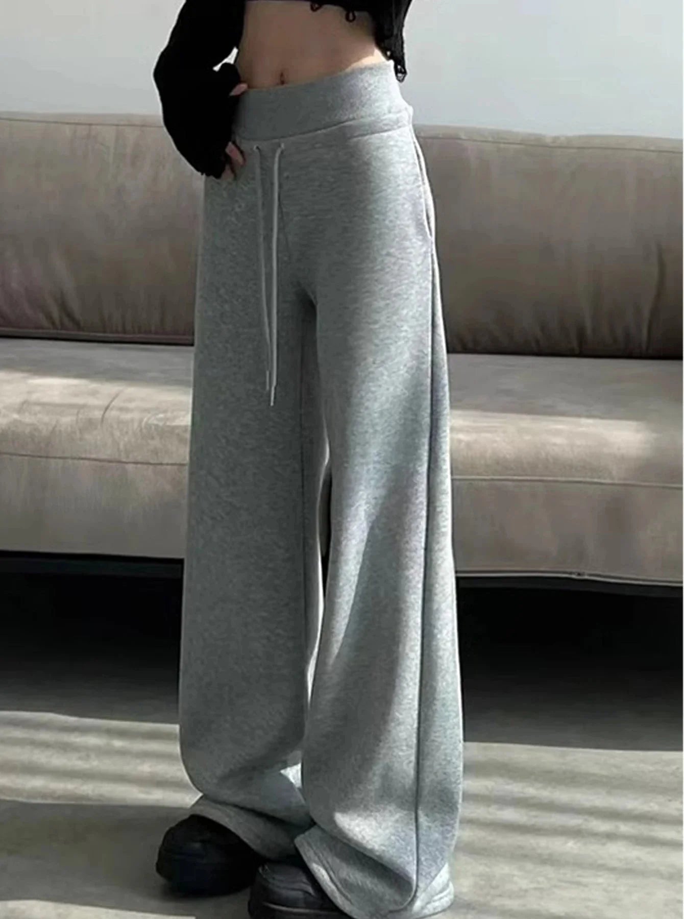 Gray high-waist loose wide-leg straight pants for women, casualwear by Plush Fashion Hub, shown on a model.