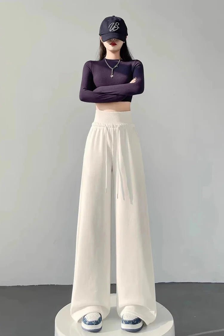 Gray high-waist loose wide-leg straight pants for women, casualwear style, featuring a relaxed fit and comfortable fabric.